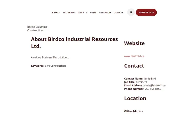 Screenshot of the Birdco Industrial Resources website