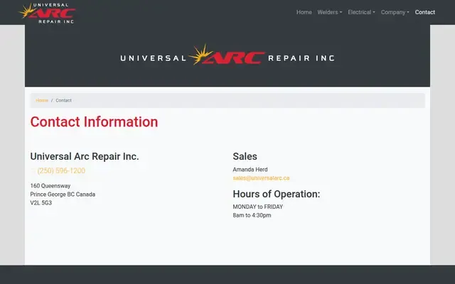 Screenshot of the Universal Arc Repair website