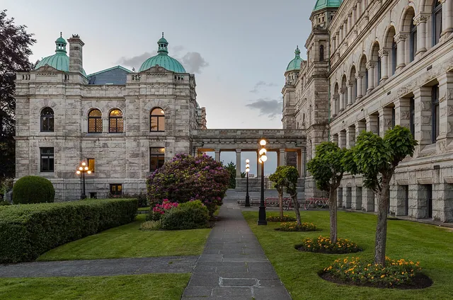 British Columbia Parliament Buildings in Victoria with the front lawn and gardens