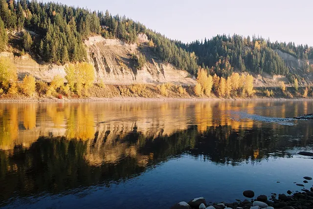 Calm water and forested banks on the Nechako River at Paddlewheel Park