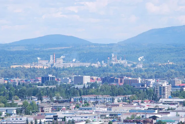 Downtown Prince George seen from University Way with hills behind