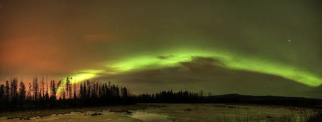 Green northern lights glowing over a snowy landscape just outside Prince George at night