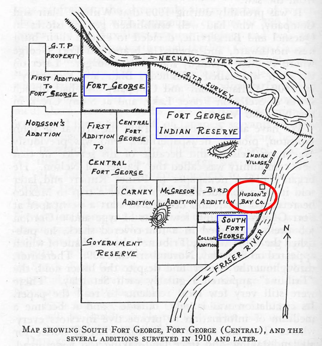 1910 survey map showing the Fort George Indian Reserve between the Nechako and Fraser rivers, with the townsites of Fort George and South Fort George beside it