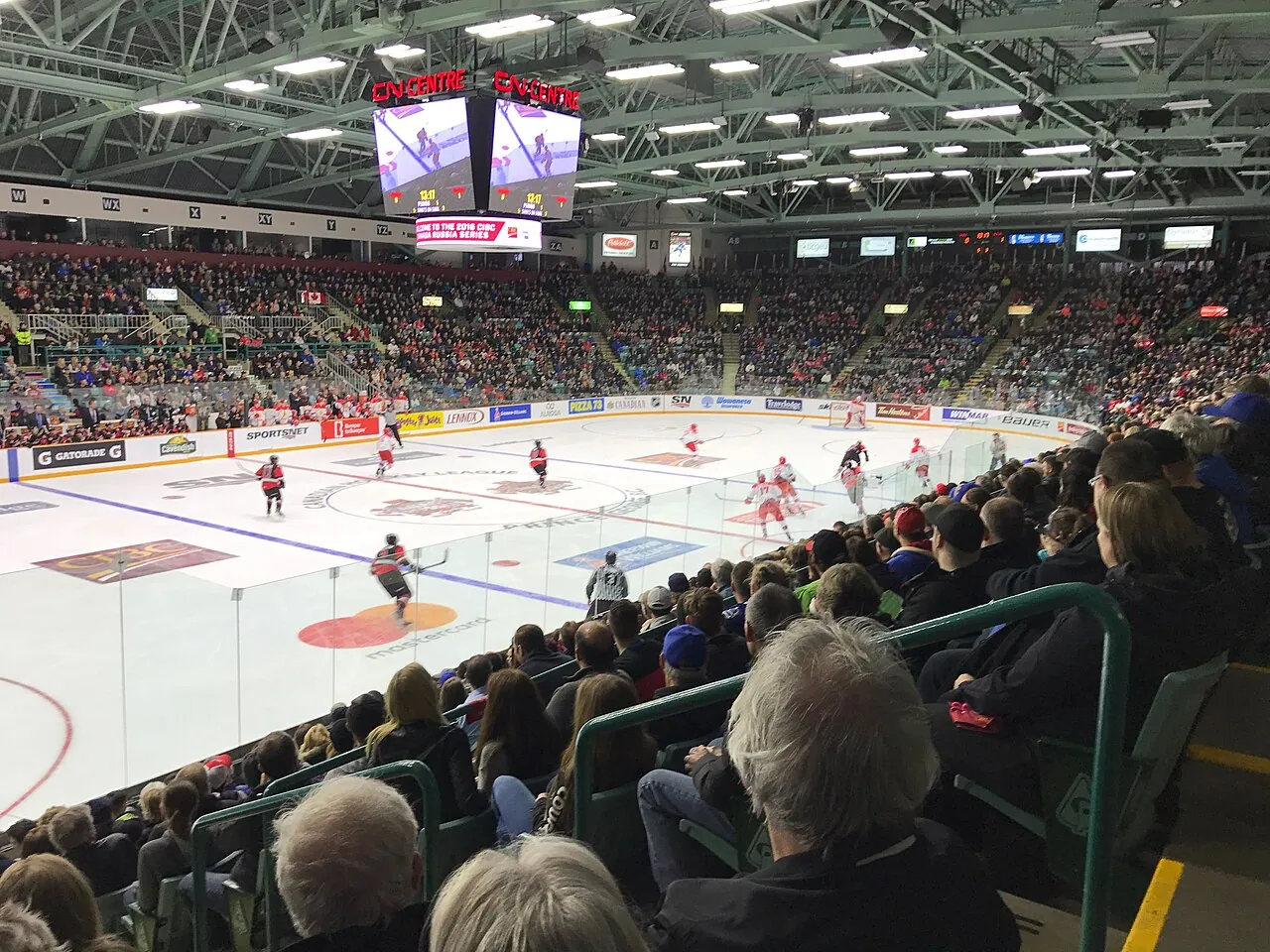 A packed crowd watching a hockey game inside the CN Centre arena in Prince George