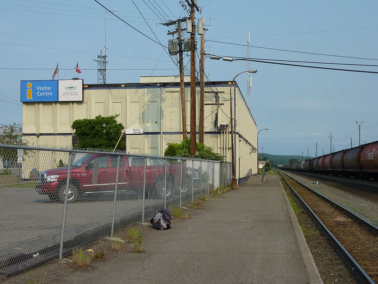 The Prince George VIA Rail station, a low building beside the tracks downtown