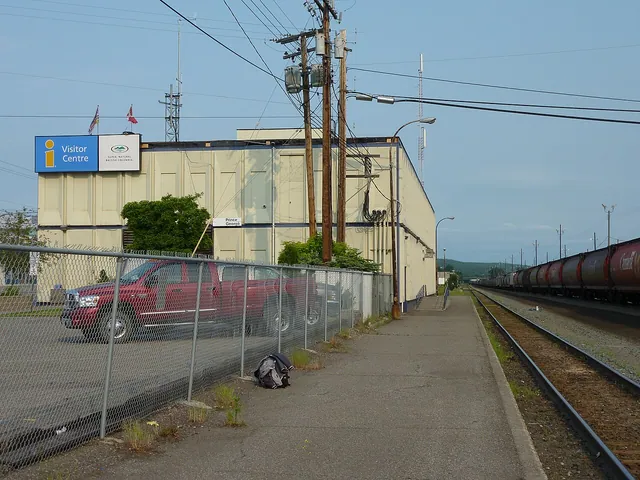 The Prince George VIA Rail station, a low building beside the tracks downtown