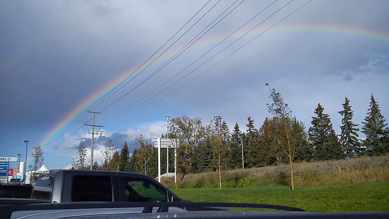 A rainbow over the Prince George skyline