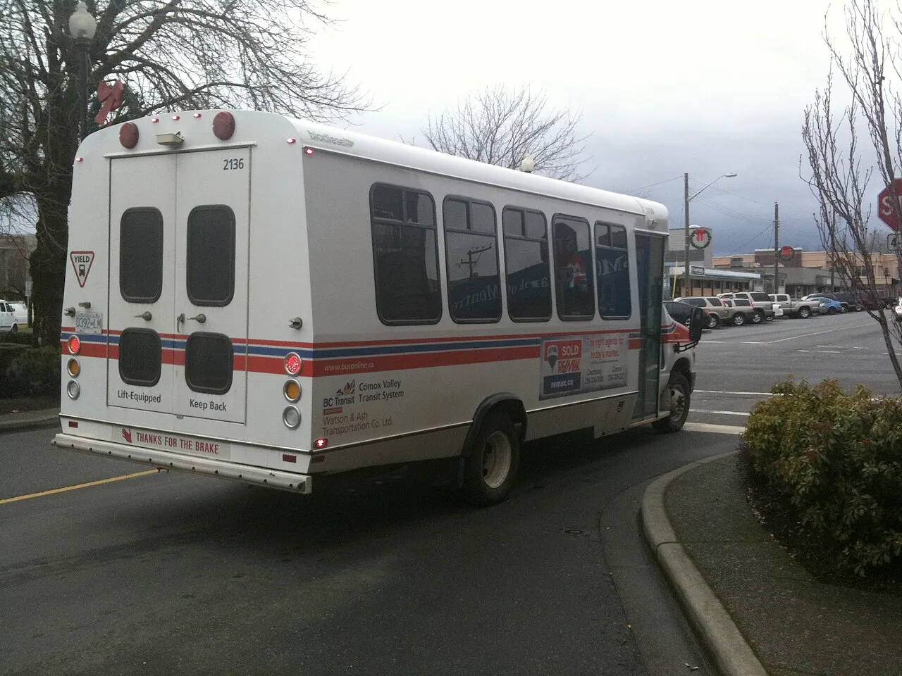 A small white handyDART bus with a rear lift door