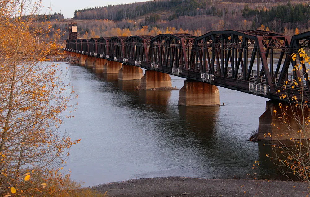 The steel Grand Trunk Pacific railway bridge crossing the Fraser River at Prince George