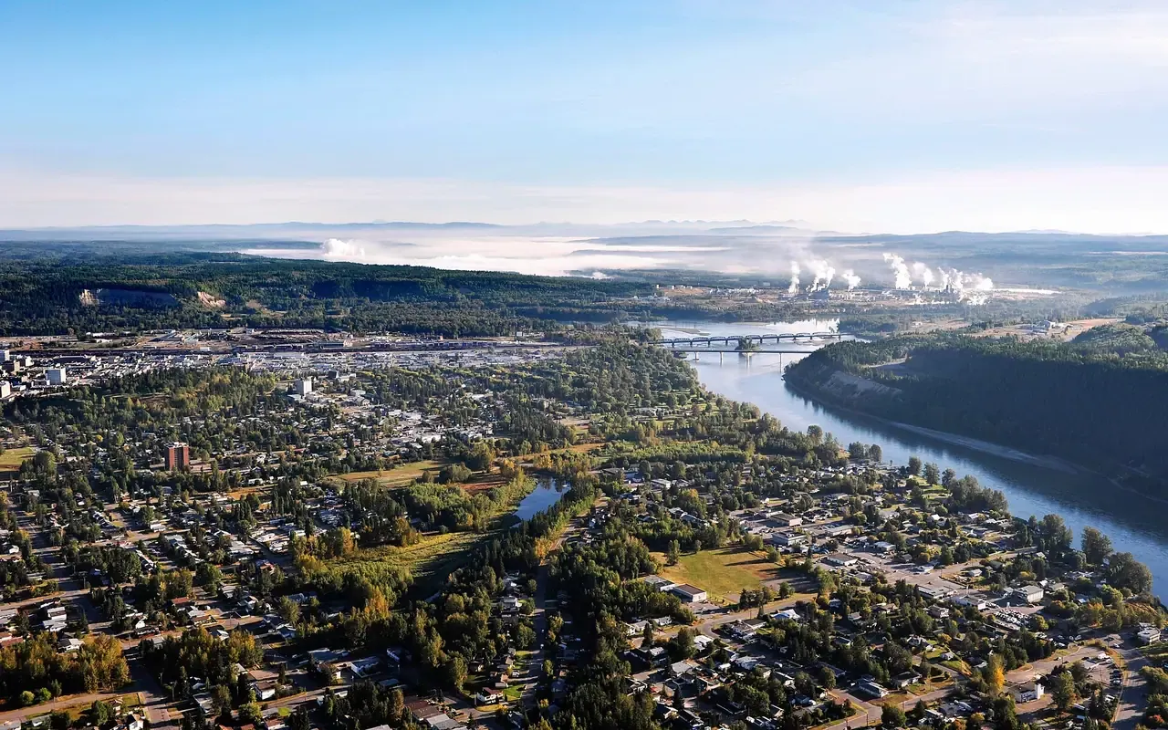 Aerial view of Prince George and the Fraser River