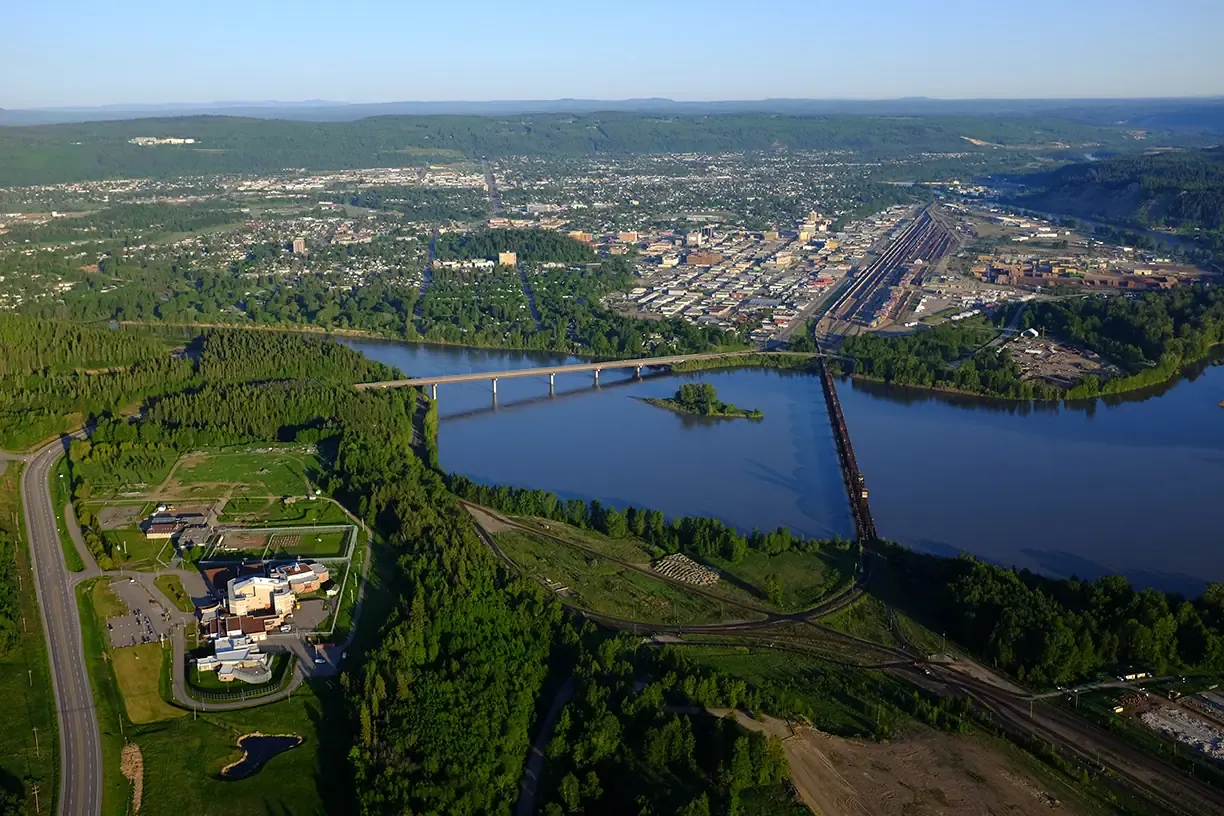 Aerial view of Prince George neighbourhoods, streets and green space