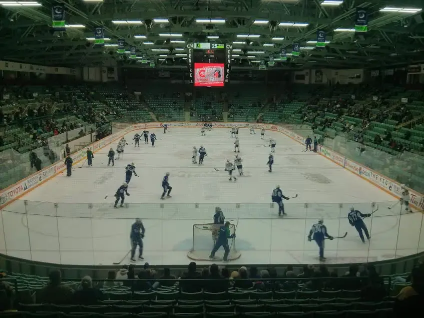 Hockey players on the ice inside CN Centre during the 2015 Vancouver Canucks training camp